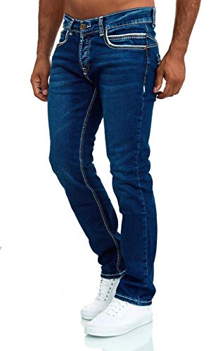 Baxboy Jeans Herren Slim Fit Stretch Jeanshose Designer Stonewashed Dicke Nähte Vintage Hose Blau Denim, Farbe:9653 Dunkelblau, Hosengröße:W32/L32 von Baxboy