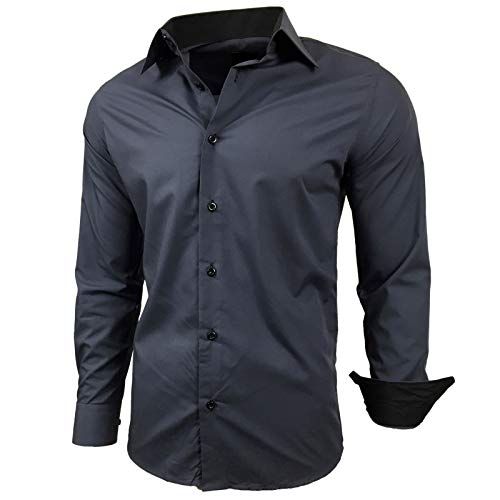 Baxboy Kontrast Herren Slim Fit Hemden Business Freizeit Langarm Hemd RN-44-2, Farbe:Anthrazit, Größe:3XL von Baxboy