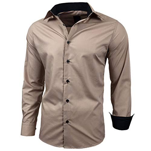 Baxboy Kontrast Herren Slim Fit Hemden Business Freizeit Langarm Hemd RN-44-2, Farbe:Beige, Größe:M von Baxboy