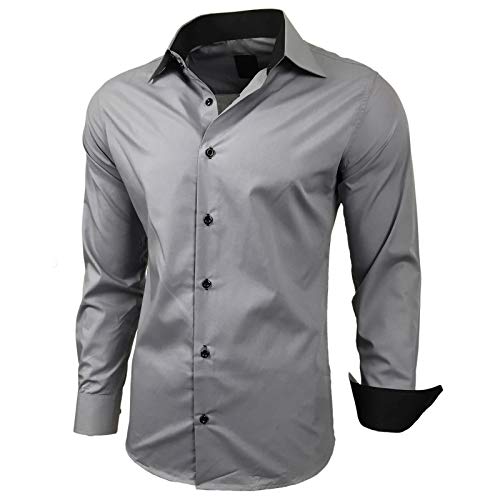 Baxboy Kontrast Herren Slim Fit Hemden Business Freizeit Langarm Hemd RN-44-2, Farbe:Grau, Größe:2XL von Baxboy