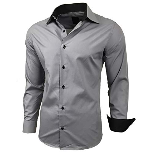 Baxboy Kontrast Herren Slim Fit Hemden Business Freizeit Langarm Hemd RN-44-2, Farbe:Grau, Größe:L von Baxboy