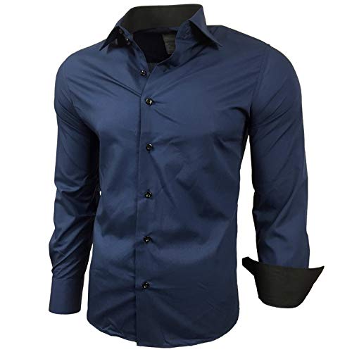 Baxboy Kontrast Herren Slim Fit Hemden Business Freizeit Langarm Hemd RN-44-2, Farbe:Marine, Größe:3XL von Baxboy