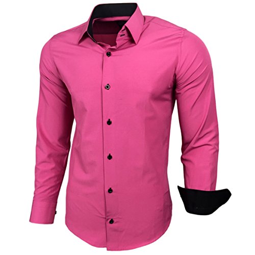 Baxboy Kontrast Herren Slim Fit Hemden Business Freizeit Langarm Hemd RN-44-2, Farbe:Pink, Größe:3XL von Baxboy