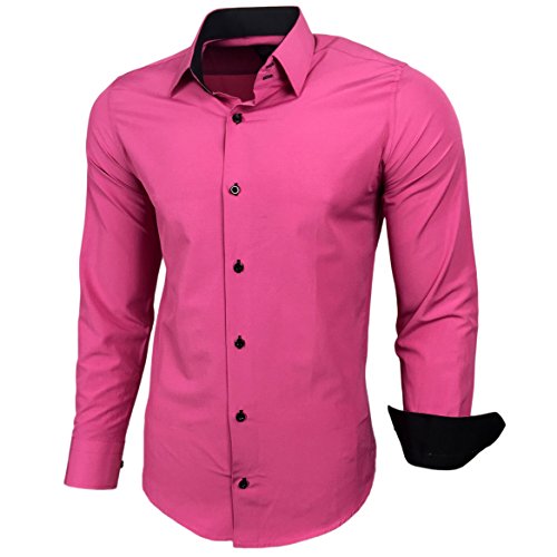 Baxboy Kontrast Herren Slim Fit Hemden Business Freizeit Langarm Hemd RN-44-2, Farbe:Pink, Größe:4XL von Baxboy