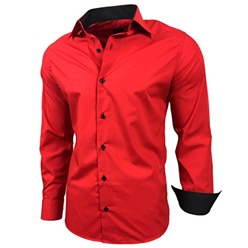 Baxboy Kontrast Herren Slim Fit Hemden Business Freizeit Langarm Hemd RN-44-2, Farbe:Rot, Größe:6XL von Baxboy