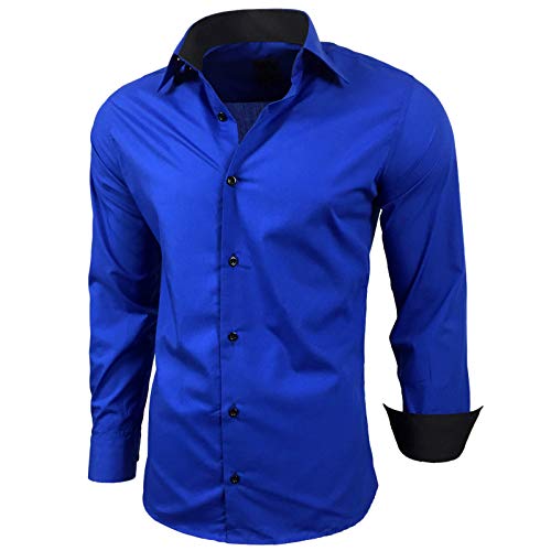 Baxboy Kontrast Herren Slim Fit Hemden Business Freizeit Langarm Hemd RN-44-2, Farbe:Sax, Größe:2XL von Baxboy