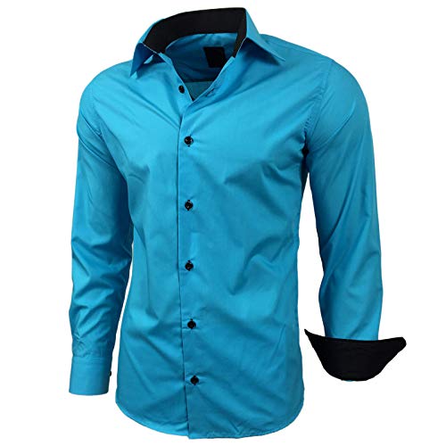 Baxboy Kontrast Herren Slim Fit Hemden Business Freizeit Langarm Hemd RN-44-2, Farbe:Türkis, Größe:3XL von Baxboy