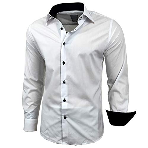 Baxboy Kontrast Herren Slim Fit Hemden Business Freizeit Langarm Hemd RN-44-2, Farbe:Weiss/Schwarz, Größe:2XL von Baxboy