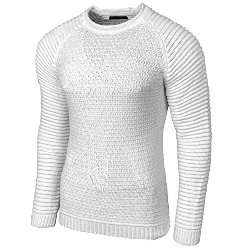 Baxboy Strickpullover Herren Two Tone Rundhals Pullover Grobstrick B-8056, Farbe:Weiß, Größe:M von Baxboy