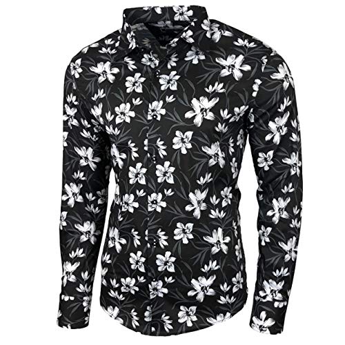 Blumen Hemden Herren Bunte Hemd Langarmhemd Muster Freizeitshemd Langarm Casual Mehrfarbig Shirt, Farbe:Schwarz_121, Größe:XL von Baxboy