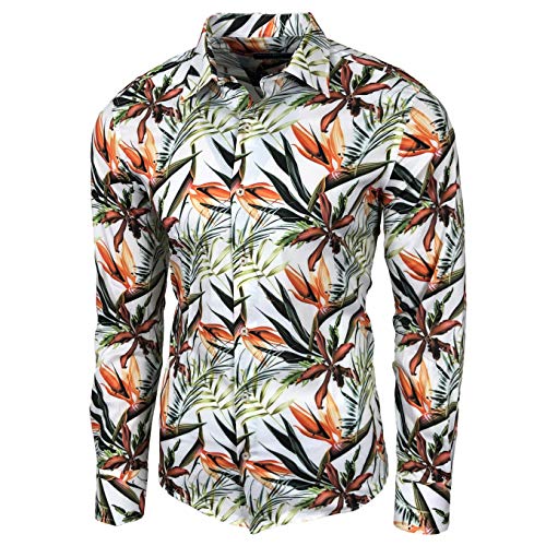 Blumen Hemden Herren Bunte Hemd Langarmhemd Muster Freizeitshemd Langarm Casual Mehrfarbig Shirt, Farbe:Weiss_126, Größe:S von Baxboy