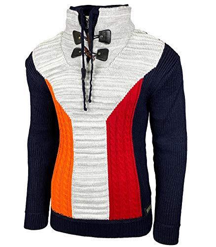 Herren Grobstrick Pullover Strickpullover Doppeltem Stehkragen Winter-Freizeit-Jacke Muster Design Meliert Sweatshirt Pulli B-51113, Farbe:Blau, Größe:L von Baxboy