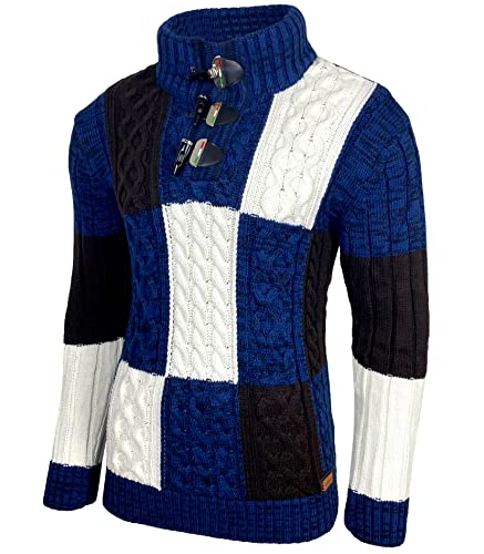 Herren Grobstrick Pullover Strickpullover Stehkragen Winter-Freizeit-Jacke Muster Design Meliert Sweatshirt Pulli B-51112, Farbe:Blau, Größe:L von Baxboy