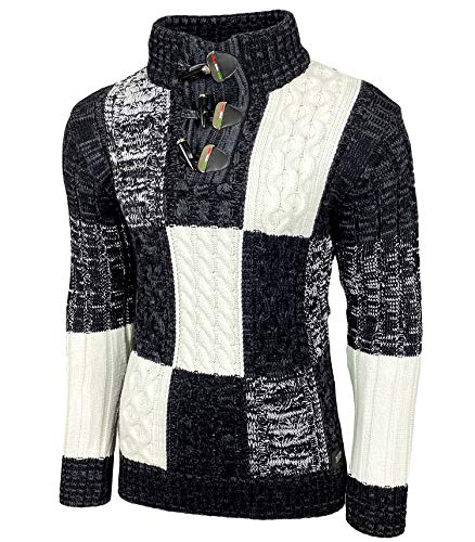 Herren Grobstrick Pullover Strickpullover Stehkragen Winter-Freizeit-Jacke Muster Design Meliert Sweatshirt Pulli B-51112, Farbe:Schwarz, Größe:XL von Baxboy