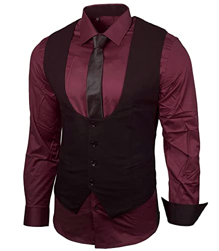 Herren Hemd Weste Krawatte Set Business Anzugweste Westen Slim Fit Smoking Frack Business Herrenanzug-Set Sakko B-101, Farbe:Bordeaux, Größe:L von Baxboy