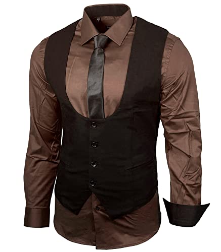 Herren Hemd Weste Krawatte Set Business Anzugweste Westen Slim Fit Smoking Frack Business Herrenanzug-Set Sakko B-101, Farbe:Braun, Größe:M von Baxboy