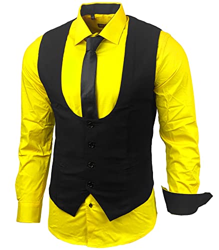 Herren Hemd Weste Krawatte Set Business Anzugweste Westen Slim Fit Smoking Frack Business Herrenanzug-Set Sakko B-101, Farbe:Gelb, Größe:L von Baxboy