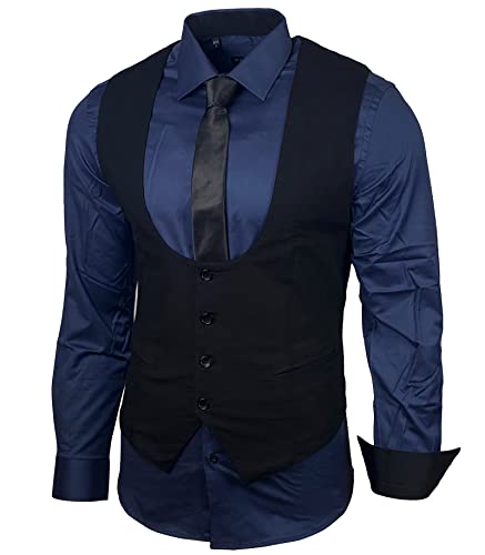 Herren Hemd Weste Krawatte Set Business Anzugweste Westen Slim Fit Smoking Frack Business Herrenanzug-Set Sakko B-101, Farbe:Marine, Größe:L von Baxboy