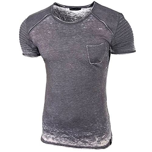 Herren Kurzarm Verwaschen Rundhals T-Shirt Slim Fit Design Fashion Top Print Shirt 7011, Farbe:Anthrazit, Größe:M von Baxboy