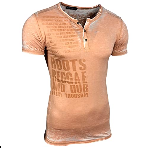 Herren Kurzarm Verwaschen Rundhals T-Shirt Slim Fit Design Fashion Top Print Shirt 7011, Farbe:Camel, Größe:L von Baxboy