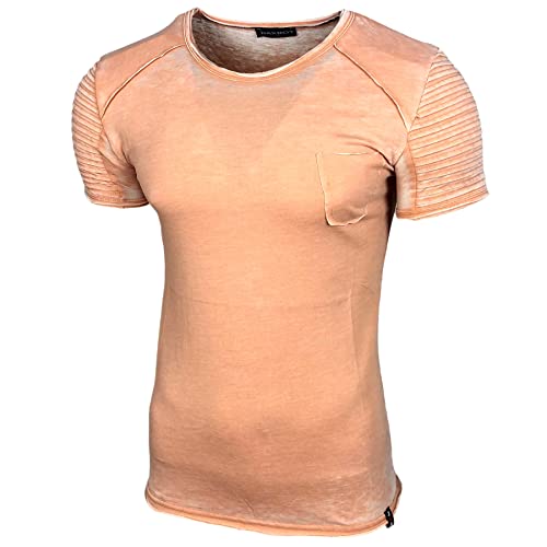 Herren Kurzarm Verwaschen Rundhals T-Shirt Slim Fit Design Fashion Top Print Shirt 7011, Farbe:Orange, Größe:2XL von Baxboy