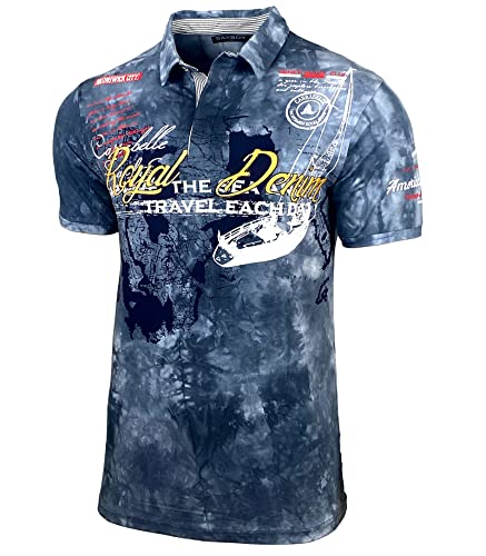 Herren Poloshirt Verwaschen Kurzarm Polo T-Shirt Slim Fit Design Fashion Top Print Royal Denim Batik Shirt 151, Farbe:Grau, Größe:XL von Baxboy