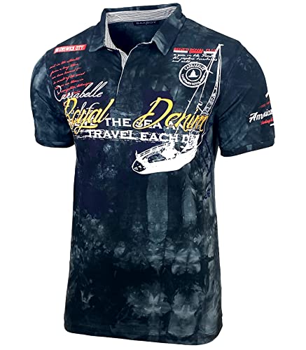 Herren Poloshirt Verwaschen Kurzarm Polo T-Shirt Slim Fit Design Fashion Top Print Royal Denim Batik Shirt 151, Farbe:Schwarz, Größe:XXL von Baxboy