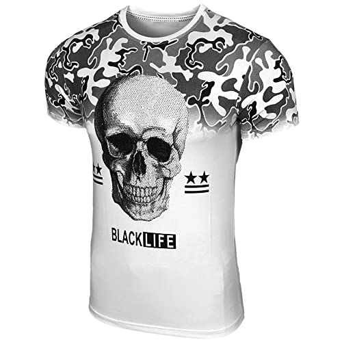 Herren Rundhals Strass Steinen T-Shirt mit Motiv Kurzarm Slim Fit Design Fashion Top Print Shirt, Farbe:Weiss_1910, Größe:L von Baxboy