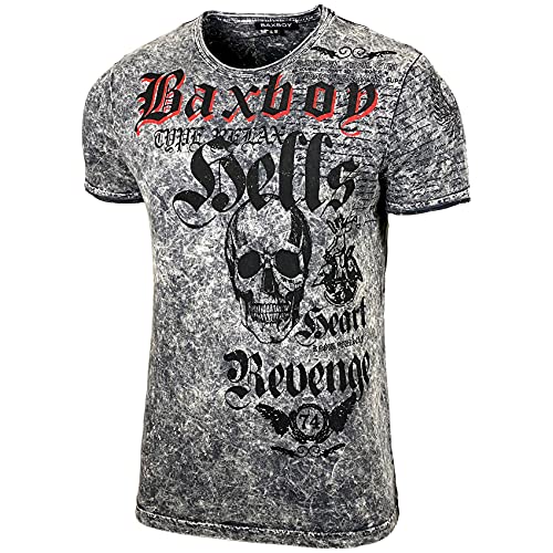 Baxboy Herren Sommer Rundhals-Ausschnitt Vintage Oil Washed Sportlich elegant Totenkopf Kurzarm T-Shirt Slim Fit Design Crew Neck Fashion Top Print Shirt B-06, Farbe:Anthrazit, Größe:L von Baxboy