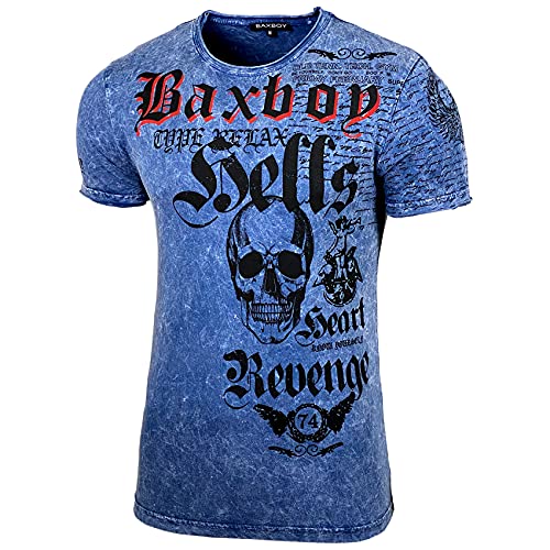 Baxboy Herren Sommer Rundhals-Ausschnitt Vintage Oil Washed Sportlich elegant Totenkopf Kurzarm T-Shirt Slim Fit Design Crew Neck Fashion Top Print Shirt B-06, Farbe:Sax, Größe:XL von Baxboy