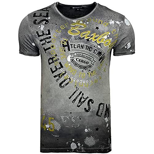 Herren Rundhals Vintage T-Shirt Kurzarm Slim Fit Design Fashion Top All Over Print Shirt B-106, Farbe:Anthrazit/Gelb, Größe:M von Baxboy