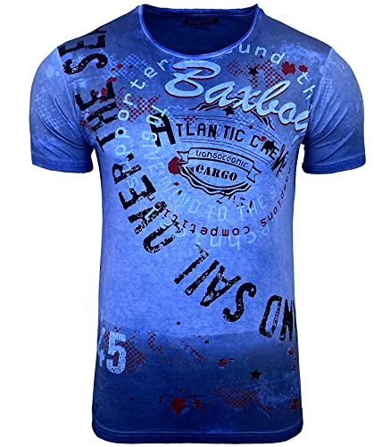 Herren Rundhals Vintage T-Shirt Kurzarm Slim Fit Design Fashion Top All Over Print Shirt B-106, Farbe:Blau, Größe:2XL von Baxboy