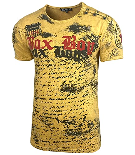 Herren Rundhals Vintage T-Shirt Kurzarm Slim Fit Design Fashion Top Print Shirt 102, Farbe:Gelb, Größe:M von Baxboy