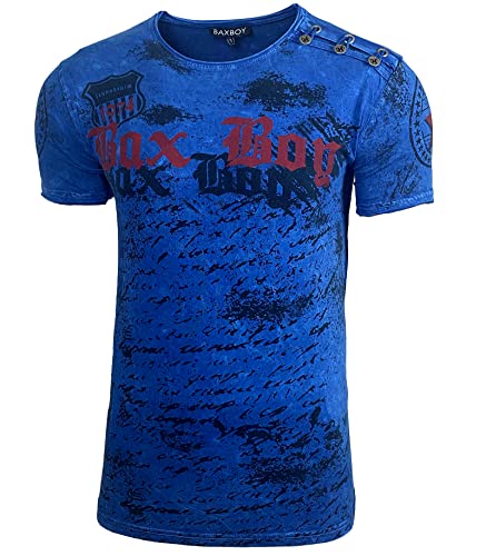 Herren Rundhals Vintage T-Shirt Kurzarm Slim Fit Design Fashion Top Print Shirt 102, Farbe:Marine, Größe:L von Baxboy