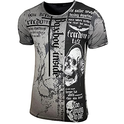 Herren Rundhals Vintage T-Shirt Kurzarm Slim Fit Design Fashion Top Print Shirt B-116, Farbe:Anthrazit, Größe:L von Baxboy