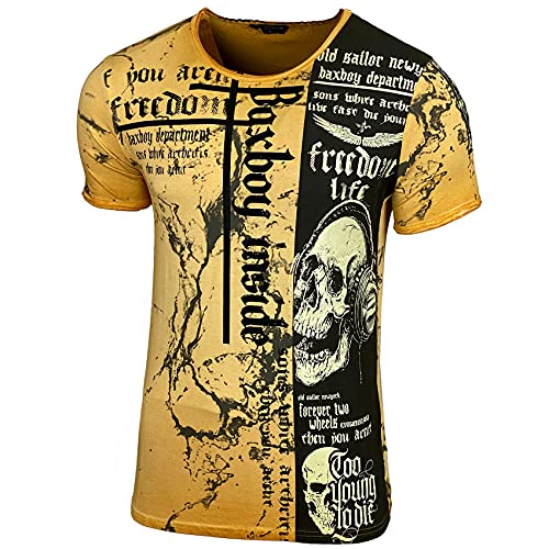 Herren Rundhals Vintage T-Shirt Kurzarm Slim Fit Design Fashion Top Print Shirt B-116, Farbe:Camel, Größe:L von Baxboy