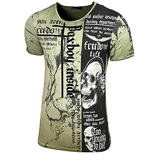 Herren Rundhals Vintage T-Shirt Kurzarm Slim Fit Design Fashion Top Print Shirt B-116, Farbe:Olive, Größe:M von Baxboy