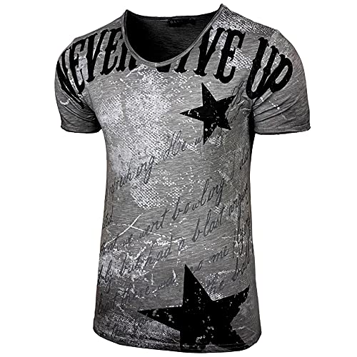 Herren Rundhals Vintage T-Shirt Kurzarm Slim Fit Design Fashion Top Print Shirt B-300, Farbe:Anthrazit, Größe:2XL von Baxboy