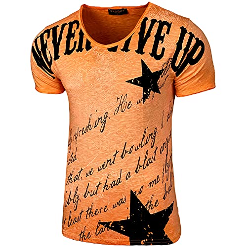 Herren Rundhals Vintage T-Shirt Kurzarm Slim Fit Design Fashion Top Print Shirt B-300, Farbe:Orange, Größe:S von Baxboy