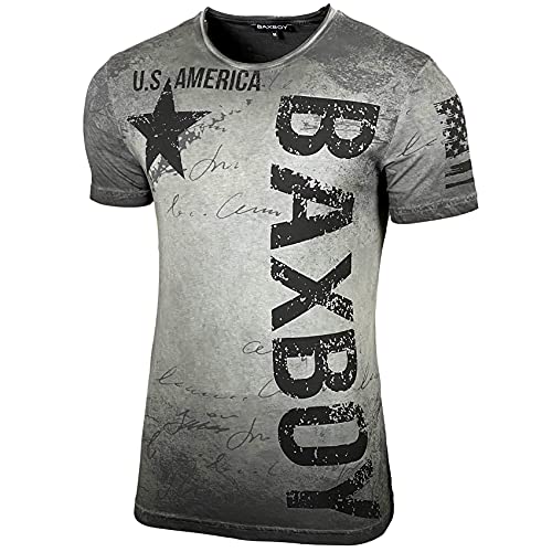 Herren Rundhals Vintage Verwaschen Stretch T-Shirt Kurzarm Slim Fit Design Fashion Shirt B-08, Farbe:Anthrazit, Größe:L von Baxboy