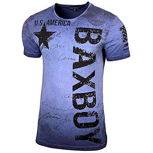 Herren Rundhals Vintage Verwaschen Stretch T-Shirt Kurzarm Slim Fit Design Fashion Shirt B-08, Farbe:Blau, Größe:L von Baxboy