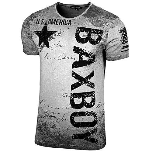 Herren Rundhals Vintage Verwaschen Stretch T-Shirt Kurzarm Slim Fit Design Fashion Shirt B-08, Farbe:Grau, Größe:L von Baxboy