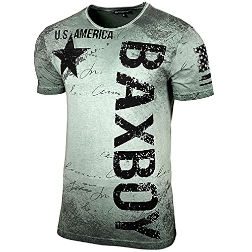 Herren Rundhals Vintage Verwaschen Stretch T-Shirt Kurzarm Slim Fit Design Fashion Shirt B-08, Farbe:Khaki, Größe:L von Baxboy