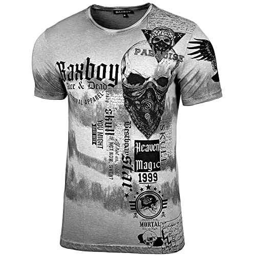 Herren Rundhals Vintage Verwaschen T-Shirt Kurzarm Slim Fit Design Fashion Top Print Shirt B-07, Farbe:Grau, Größe:2XL von Baxboy