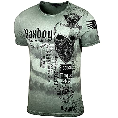 Herren Rundhals Vintage Verwaschen T-Shirt Kurzarm Slim Fit Design Fashion Top Print Shirt B-07, Farbe:Khaki, Größe:XL von Baxboy