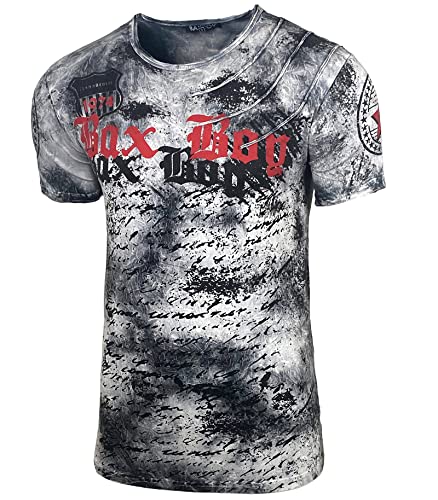 Herren Rundhals Vintage Waschung Washed T-Shirt Kurzarm Slim Fit Design Fashion Top Print Shirt 103, Farbe:Anthrazit, Größe:2XL von Baxboy