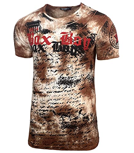 Herren Rundhals Vintage Waschung Washed T-Shirt Kurzarm Slim Fit Design Fashion Top Print Shirt 103, Farbe:Camel, Größe:L von Baxboy