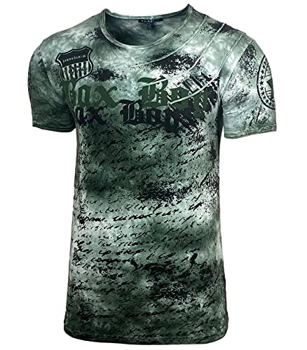 Herren Rundhals Vintage Waschung Washed T-Shirt Kurzarm Slim Fit Design Fashion Top Print Shirt 103, Farbe:Khaki, Größe:XL von Baxboy