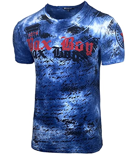 Herren Rundhals Vintage Waschung Washed T-Shirt Kurzarm Slim Fit Design Fashion Top Print Shirt 103, Farbe:Marine, Größe:XL von Baxboy