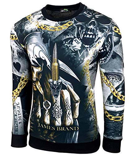 Herren Rundhalskragen Longsleeve T-Shirt Moderner Männer Langarmshirt Biker Design Langarm Sweatshirt Totenkopf mit Ziersteinen, Farbe:901 Schwarz, Größe:L von Baxboy